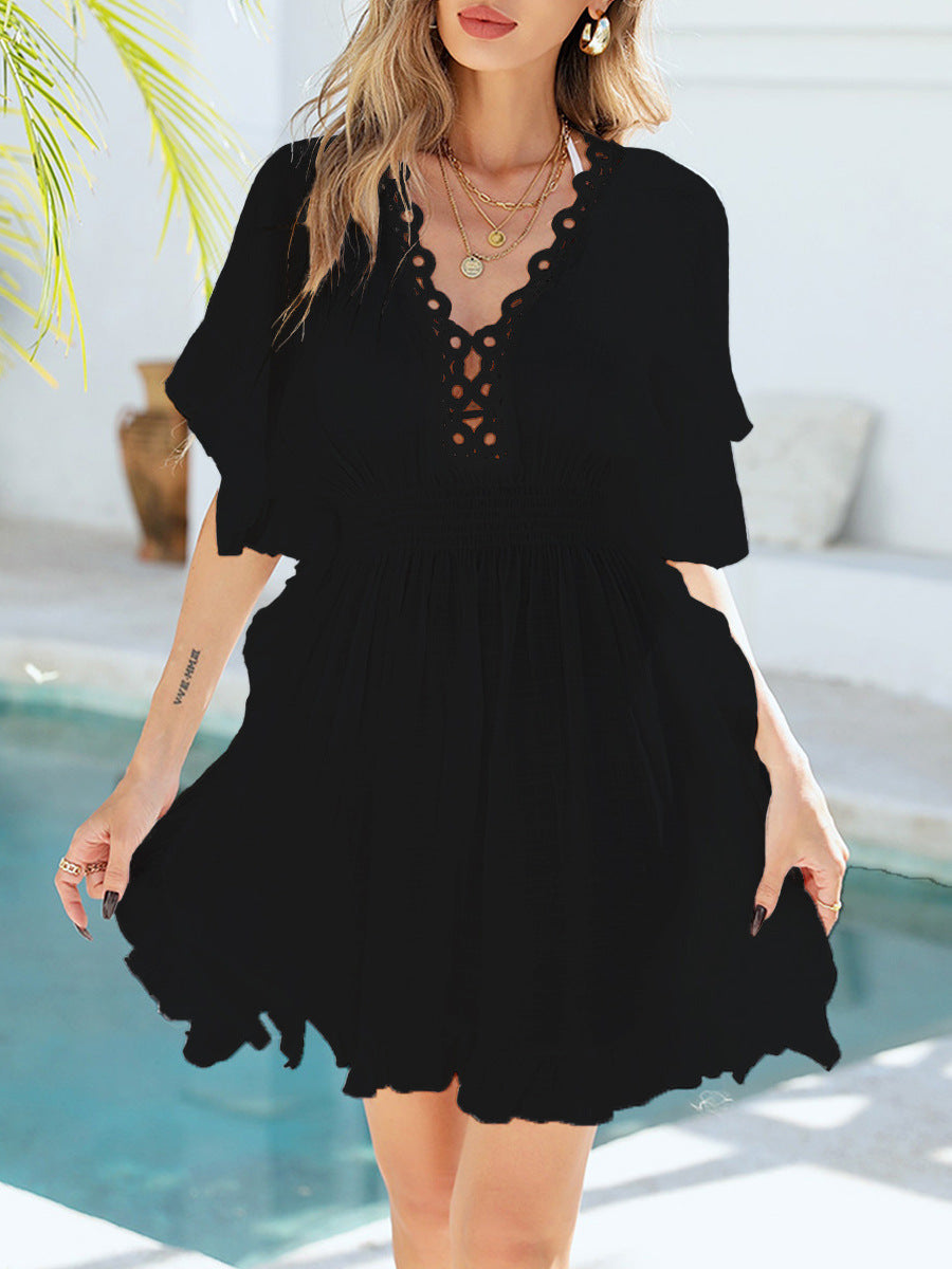 Hollow Out Beach Dress Crochet Lace-Up Fringe Bikini Cover-Up Swimwear Sarong Overlay