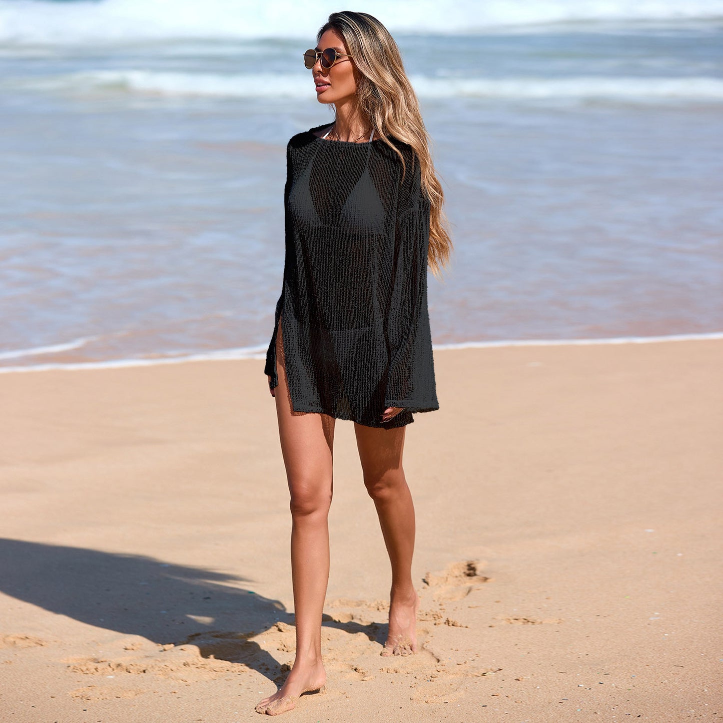 Round Neck Long Sleeve Cover-Up Beach Dress