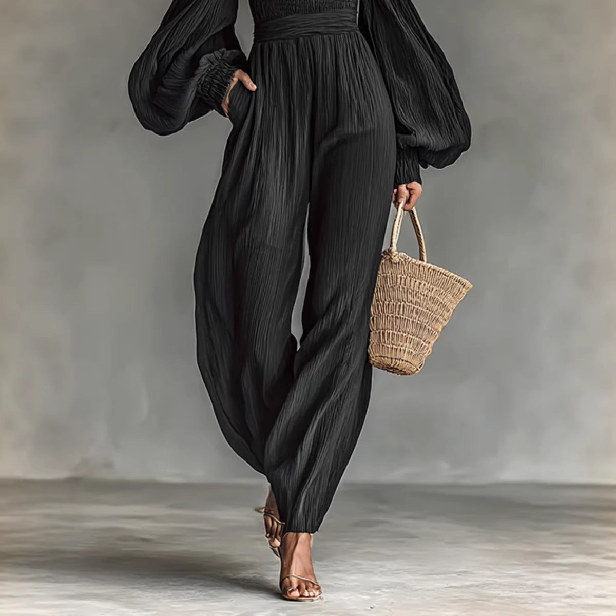 Style Off-Shoulder Lantern Sleeve Pleated Loose Jumpsuit for Women