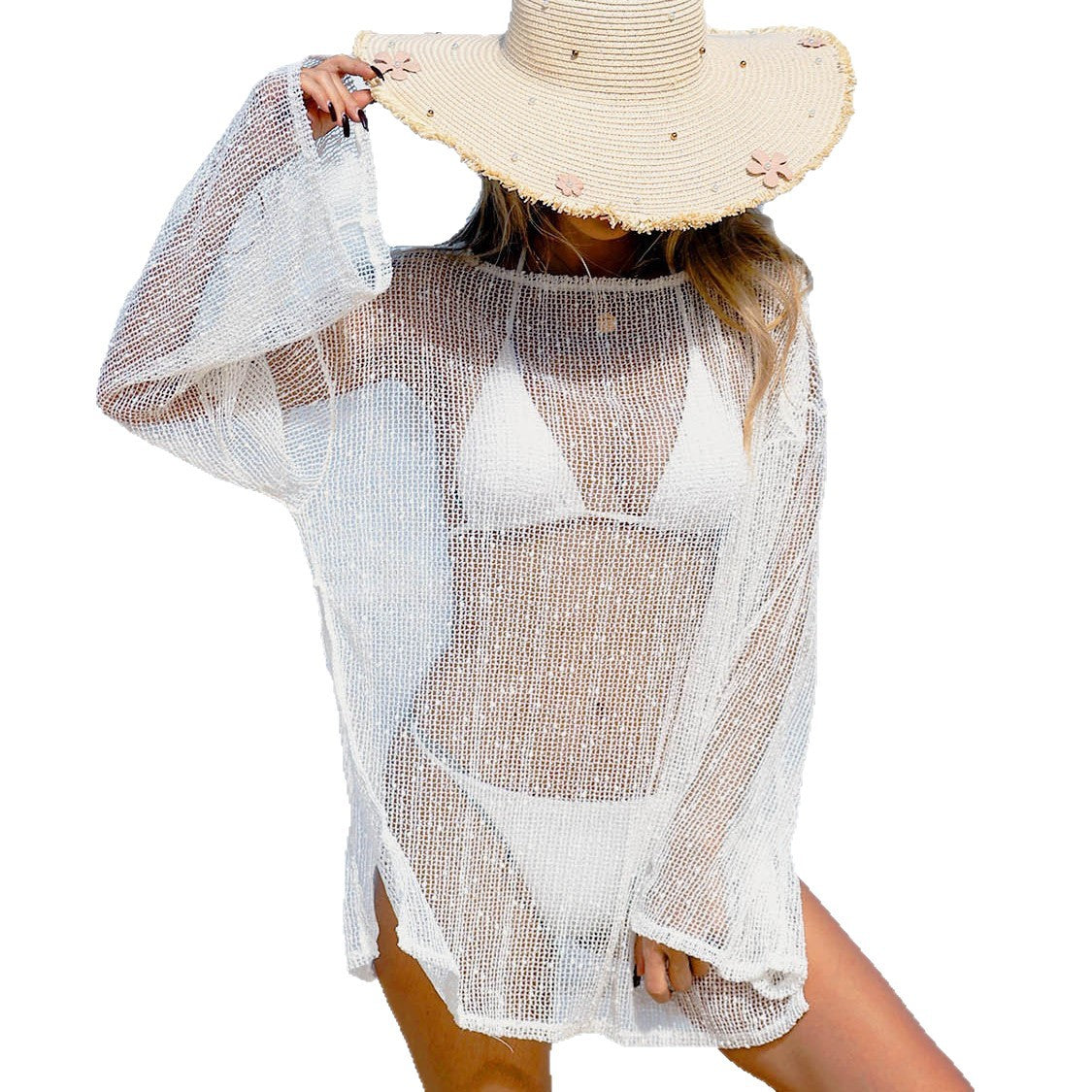 Round Neck Long Sleeve Cover-Up Beach Dress