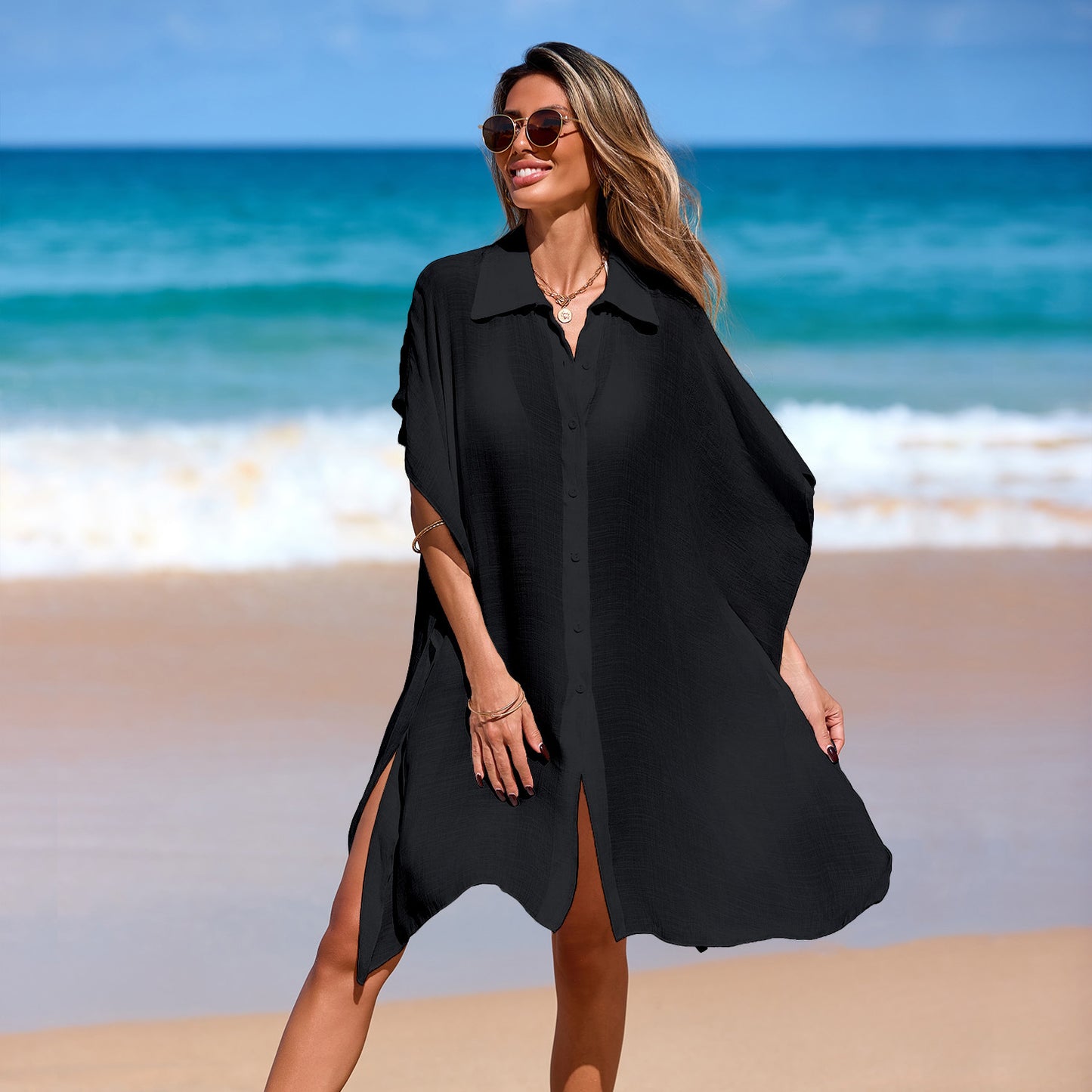 Polo Neck Shirt Beach Dress Sheer Top Loose Short Sleeve Bikini Cover-Up