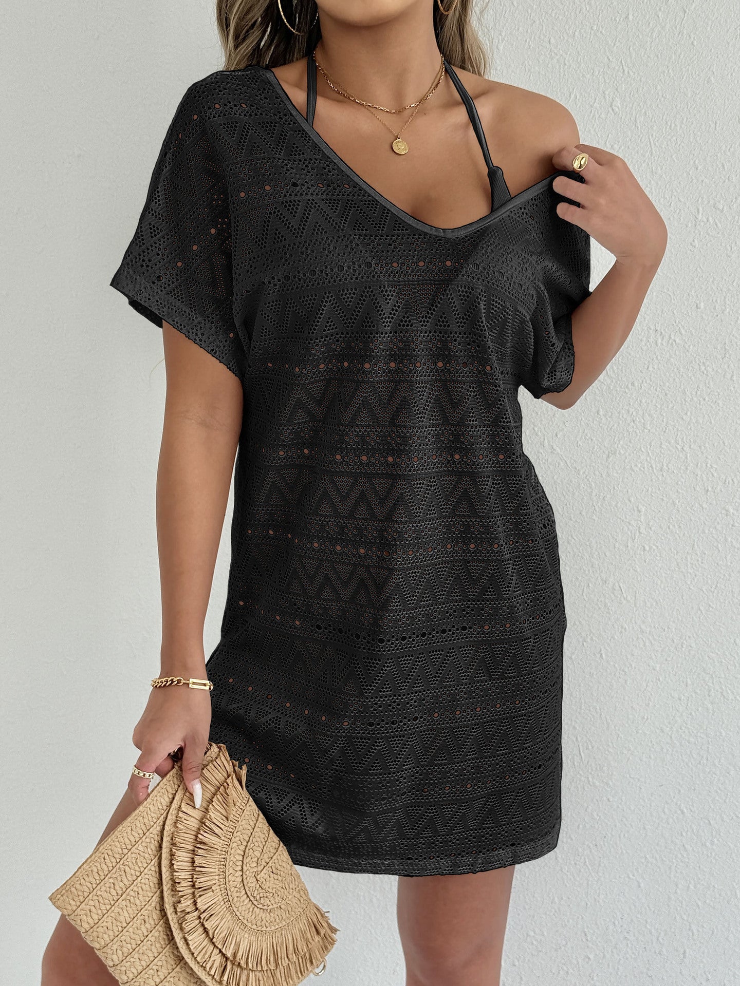 Women's Beach Cover-Up, Sexy Deep V-Neck Split Lace Dress, Vacation Beach Dress